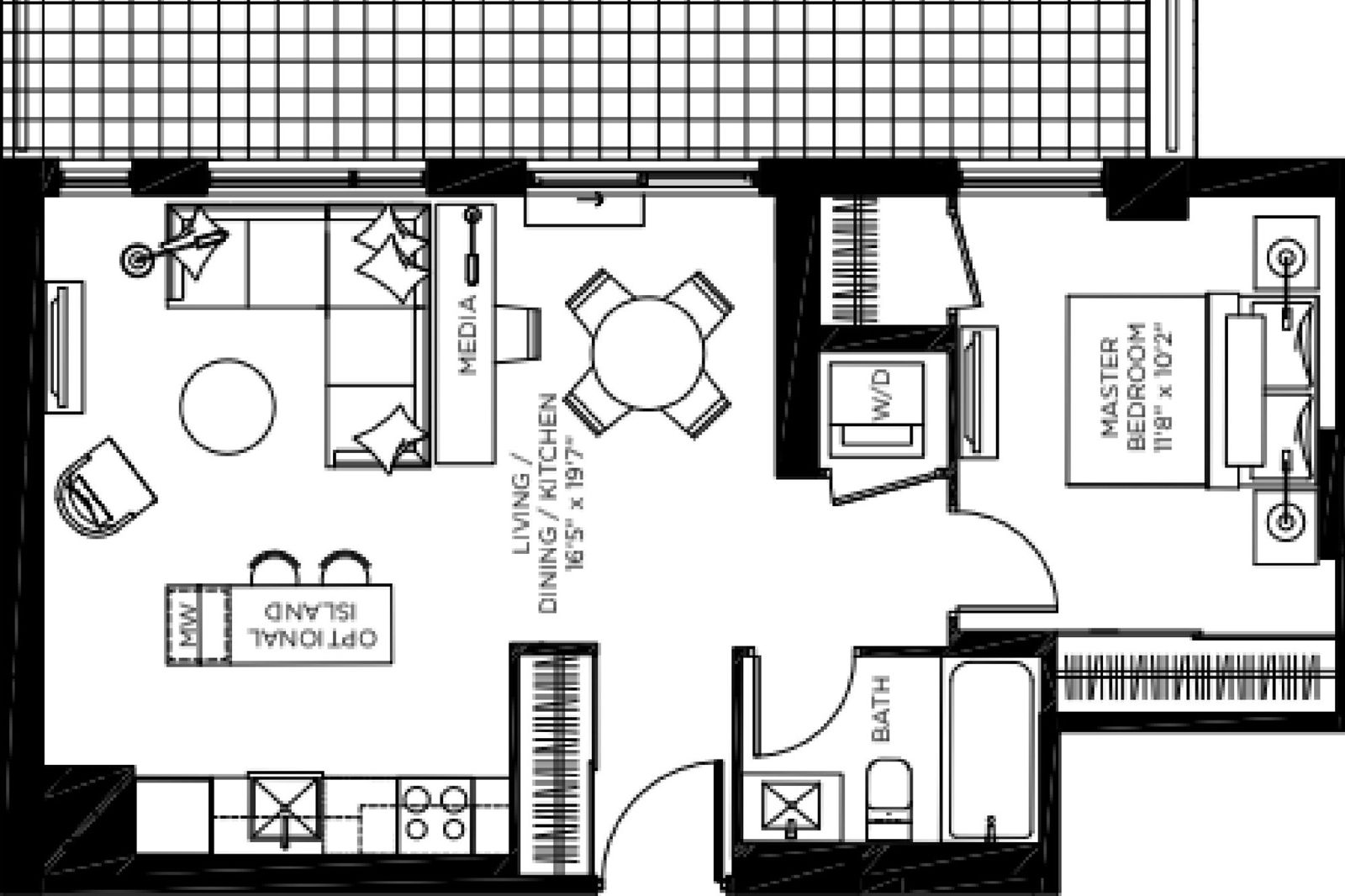 Floor plan showing the zoned one-bedroom layout