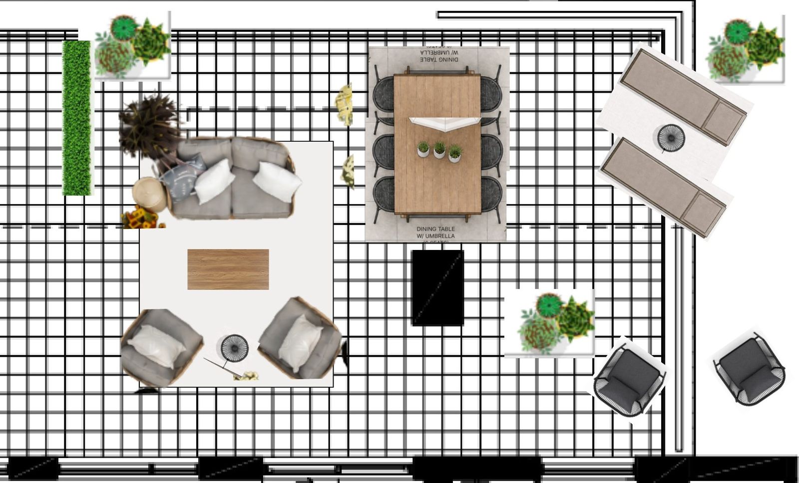Terrace plan with lounge, dining and planting zones