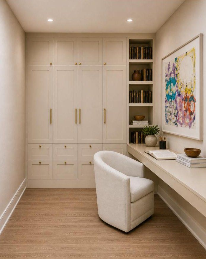Layout B mock-up: closets across the back with a desk along the side wall