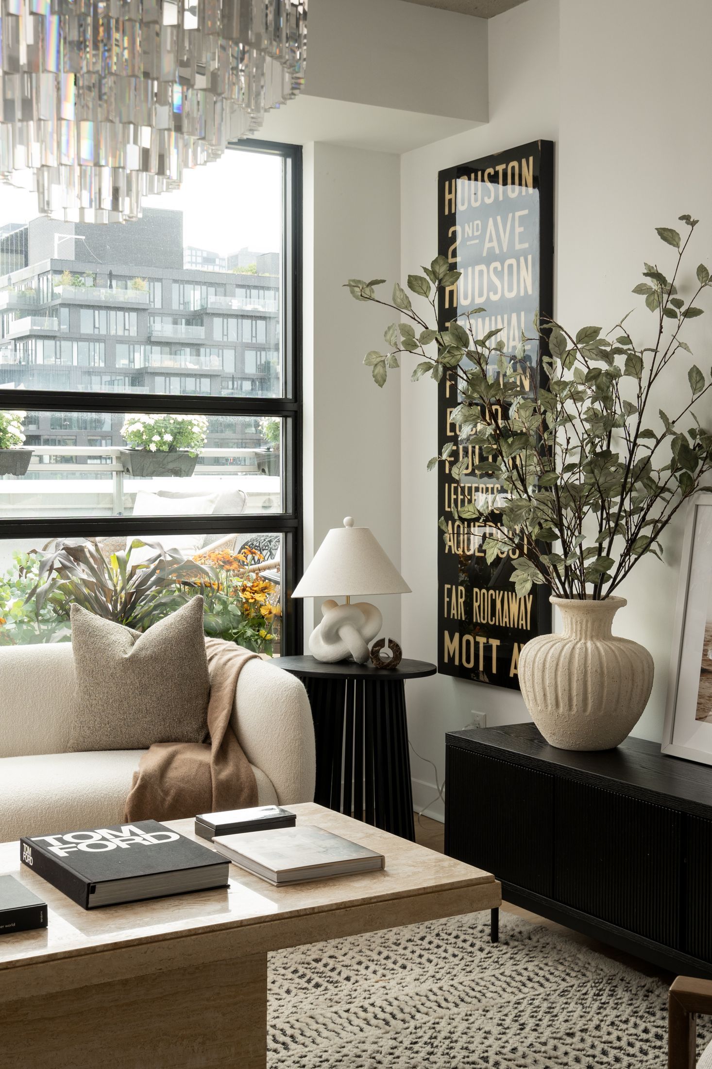 Living room corner with a city view